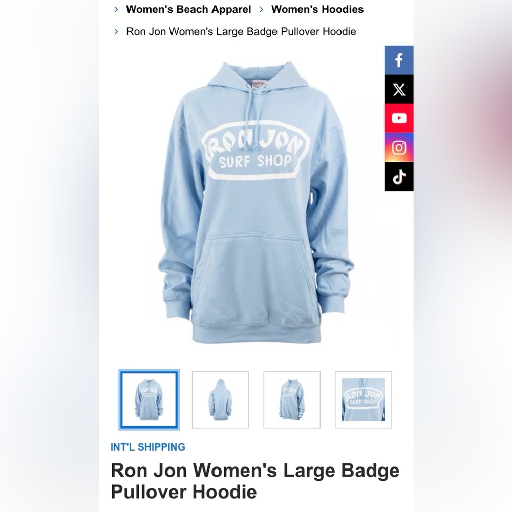 Ron Jon Surf Shop Light Blue Hoodie size XL NWT